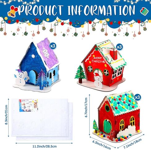 Thyle 9 Sets Christmas Paper Coloring Gingerbread House Kit DIY Christmas Cardboard House Christmas Craft Kit Gingerbread House for Kids Boy Girl Adult Christmas Party Game Decoration(Classic Style) in Kuwait