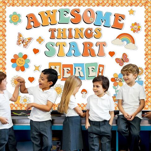 gisgfim Classroom Bulletin Board Decoration Set Welcome Banner Wall Door Decor Boho Rainbow Classroom Decorations for Kindergarten Preschool Elementary and Middle School(Awesome Things Start Here!) in Kuwait