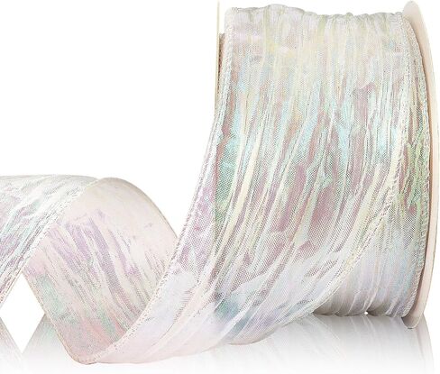 Royal White Crinkled Sheer Valentine's Day Ribbon 2.5" x 10 Yards Wired Chinese New Year Ribbon for Bow Making Gift Wrapping Floral Bouquets Holiday Crafts Happy New Year Party Decorations in Saudi Arabia