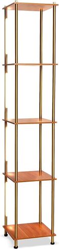 Brightech Aria Metal & Wooden Shelf Floor Lamp with Wireless Charging Station– Narrow Free Standing Nightstand LED Lamp – Column Tower Stand Up Lighting for Living Rooms & Bedrooms – Gold/Brass in Saudi Arabia