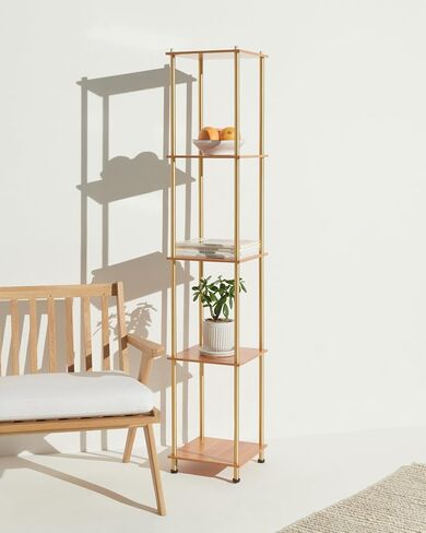 Brightech Aria Metal & Wooden Shelf Floor Lamp with Wireless Charging Station– Narrow Free Standing Nightstand LED Lamp – Column Tower Stand Up Lighting for Living Rooms & Bedrooms – Gold/Brass in Saudi Arabia