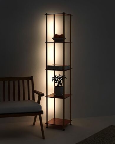 Brightech Aria Metal & Wooden Shelf Floor Lamp with Wireless Charging Station– Narrow Free Standing Nightstand LED Lamp – Column Tower Stand Up Lighting for Living Rooms & Bedrooms – Gold/Brass in Saudi Arabia