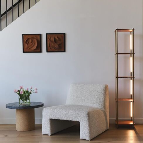 Brightech Aria Metal & Wooden Shelf Floor Lamp with Wireless Charging Station– Narrow Free Standing Nightstand LED Lamp – Column Tower Stand Up Lighting for Living Rooms & Bedrooms – Gold/Brass in Saudi Arabia