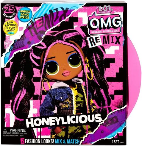 L.O.L. Surprise! Remix Honeylicious Fashion Doll, Plays Music with 25 Surprises Including Shoes, Hair Brush, Doll Stand, Magazine, and Record Player Package - For Girls Ages 4+ in Saudi Arabia