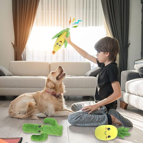 Lemical 3 Pcs Squeaky Dog Toys Interactive Corn Toys Washable Pineapple Pets Toys Cactus Plush Toy Set with Drawstring Bag Sound Chew Toy for Small Medium Large Breed Teething Training in Saudi Arabia