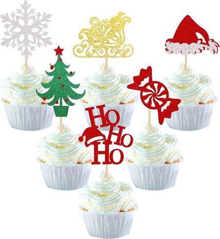24 Pack Merry Christmas Cupcake Toppers Glitter Candy Sleigh Christmas Hat Tree HOHOHO Cupcake Picks Merry Christmas Theme Happy New Year Holiday Party Cake Decorations Supplies in Saudi Arabia