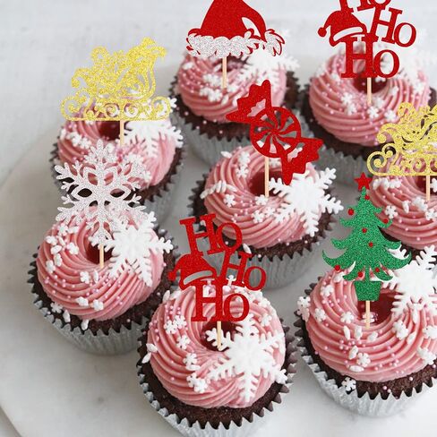 24 Pack Merry Christmas Cupcake Toppers Glitter Candy Sleigh Christmas Hat Tree HOHOHO Cupcake Picks Merry Christmas Theme Happy New Year Holiday Party Cake Decorations Supplies in Saudi Arabia