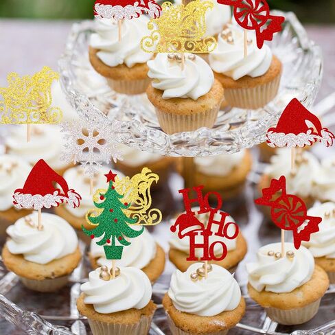 24 Pack Merry Christmas Cupcake Toppers Glitter Candy Sleigh Christmas Hat Tree HOHOHO Cupcake Picks Merry Christmas Theme Happy New Year Holiday Party Cake Decorations Supplies in Saudi Arabia
