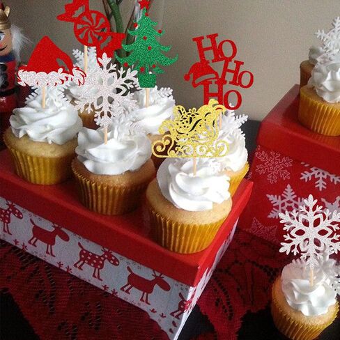 24 Pack Merry Christmas Cupcake Toppers Glitter Candy Sleigh Christmas Hat Tree HOHOHO Cupcake Picks Merry Christmas Theme Happy New Year Holiday Party Cake Decorations Supplies in Saudi Arabia
