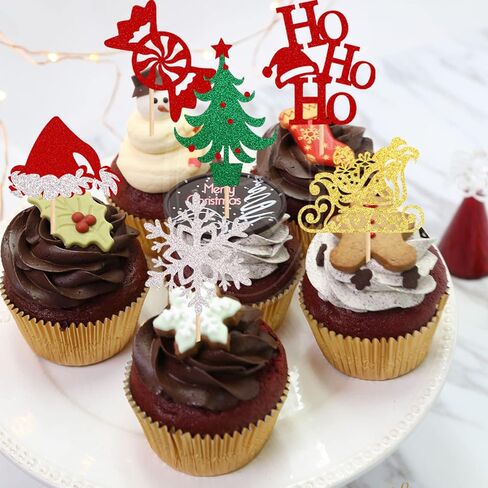 24 Pack Merry Christmas Cupcake Toppers Glitter Candy Sleigh Christmas Hat Tree HOHOHO Cupcake Picks Merry Christmas Theme Happy New Year Holiday Party Cake Decorations Supplies in Saudi Arabia