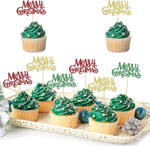 24 Pack Merry Christmas Cupcake Toppers Glitter Candy Sleigh Christmas Hat Tree HOHOHO Cupcake Picks Merry Christmas Theme Happy New Year Holiday Party Cake Decorations Supplies in Saudi Arabia