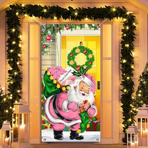 Merry Christmas Door Cover Decorations Pink Santa Claus Backdrop Xmas Door Hanging Banner Christmas Santa Front Door Decorations for Home Holiday Christmas Party Decor Supplies in Saudi Arabia
