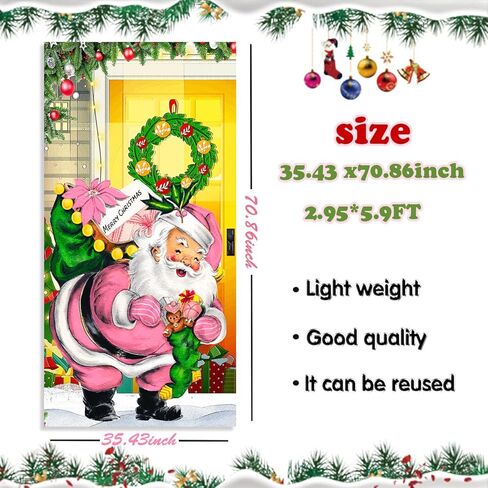 Merry Christmas Door Cover Decorations Pink Santa Claus Backdrop Xmas Door Hanging Banner Christmas Santa Front Door Decorations for Home Holiday Christmas Party Decor Supplies in Saudi Arabia