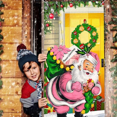 Merry Christmas Door Cover Decorations Pink Santa Claus Backdrop Xmas Door Hanging Banner Christmas Santa Front Door Decorations for Home Holiday Christmas Party Decor Supplies in Saudi Arabia