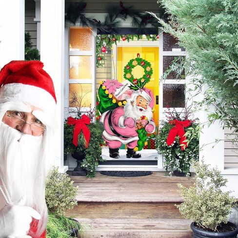 Merry Christmas Door Cover Decorations Pink Santa Claus Backdrop Xmas Door Hanging Banner Christmas Santa Front Door Decorations for Home Holiday Christmas Party Decor Supplies in Saudi Arabia
