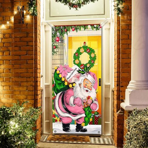 Merry Christmas Door Cover Decorations Pink Santa Claus Backdrop Xmas Door Hanging Banner Christmas Santa Front Door Decorations for Home Holiday Christmas Party Decor Supplies in Saudi Arabia
