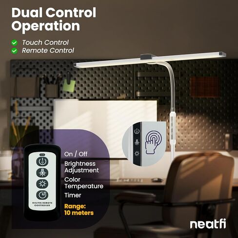 Neatfi مصباح مكتبي حديث مع مشبك، يعمل باللمس والتحكم عن بعد، 15 وات، درجة حرارة لون قابلة للتعديل (3000K-6000K)، تعتيم بدون خطوات، خالية من الوميض، إضاءة واسعة الزاوية للمنزل (معقوفة، فضي) in Saudi Arabia
