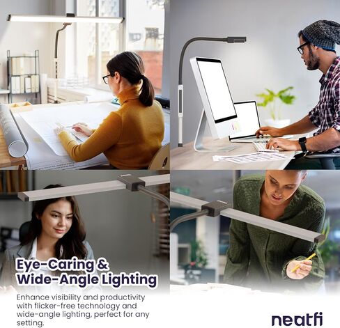 Neatfi مصباح مكتبي حديث مع مشبك، يعمل باللمس والتحكم عن بعد، 15 وات، درجة حرارة لون قابلة للتعديل (3000K-6000K)، تعتيم بدون خطوات، خالية من الوميض، إضاءة واسعة الزاوية للمنزل (معقوفة، فضي) in Saudi Arabia