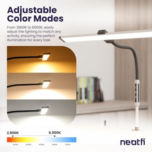 Neatfi مصباح مكتبي حديث مع مشبك، يعمل باللمس والتحكم عن بعد، 15 وات، درجة حرارة لون قابلة للتعديل (3000K-6000K)، تعتيم بدون خطوات، خالية من الوميض، إضاءة واسعة الزاوية للمنزل (معقوفة، فضي) in Saudi Arabia
