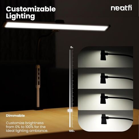 Neatfi مصباح مكتبي حديث مع مشبك، يعمل باللمس والتحكم عن بعد، 15 وات، درجة حرارة لون قابلة للتعديل (3000K-6000K)، تعتيم بدون خطوات، خالية من الوميض، إضاءة واسعة الزاوية للمنزل (معقوفة، فضي) in Saudi Arabia
