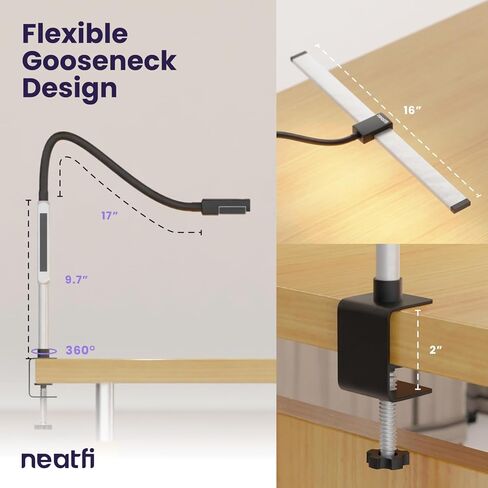 Neatfi مصباح مكتبي حديث مع مشبك، يعمل باللمس والتحكم عن بعد، 15 وات، درجة حرارة لون قابلة للتعديل (3000K-6000K)، تعتيم بدون خطوات، خالية من الوميض، إضاءة واسعة الزاوية للمنزل (معقوفة، فضي) in Saudi Arabia