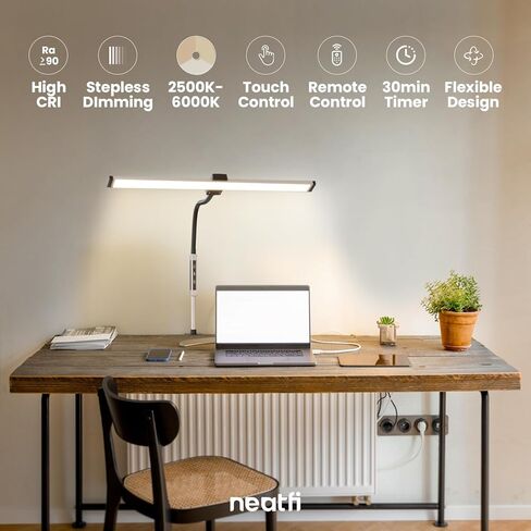 Neatfi مصباح مكتبي حديث مع مشبك، يعمل باللمس والتحكم عن بعد، 15 وات، درجة حرارة لون قابلة للتعديل (3000K-6000K)، تعتيم بدون خطوات، خالية من الوميض، إضاءة واسعة الزاوية للمنزل (معقوفة، فضي) in Saudi Arabia