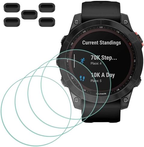 واقي شاشة لساعة Garmin fenix 7X/ 7X Solar/ 7X Sapphire Solar الذكية [4 قطع] + 5 مقابس مضادة للغبار، غطاء واقٍ رفيع للغاية من الزجاج المقسى بصلابة 9H خالٍ من الفقاعات in Kuwait