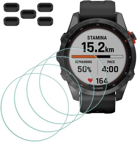 واقي شاشة لساعة Garmin fenix 7X/ 7X Solar/ 7X Sapphire Solar الذكية [4 قطع] + 5 مقابس مضادة للغبار، غطاء واقٍ رفيع للغاية من الزجاج المقسى بصلابة 9H خالٍ من الفقاعات in Kuwait