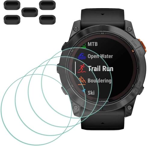 واقي شاشة لساعة Garmin fenix 7X/ 7X Solar/ 7X Sapphire Solar الذكية [4 قطع] + 5 مقابس مضادة للغبار، غطاء واقٍ رفيع للغاية من الزجاج المقسى بصلابة 9H خالٍ من الفقاعات in Kuwait