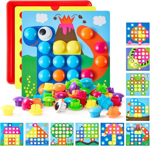 Geekper 68PCS Button Art Toys for Toddlers Color Matching Mosaic Pegboard, Early Learning Educational Toys for 3, 4, 5, 6 Year Old Kids Boys and Girls, 10 Pictures and 58 Buttons in Saudi Arabia