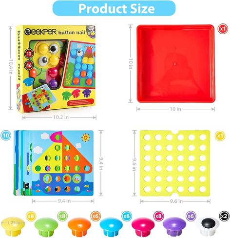 Geekper 68PCS Button Art Toys for Toddlers Color Matching Mosaic Pegboard, Early Learning Educational Toys for 3, 4, 5, 6 Year Old Kids Boys and Girls, 10 Pictures and 58 Buttons in Saudi Arabia