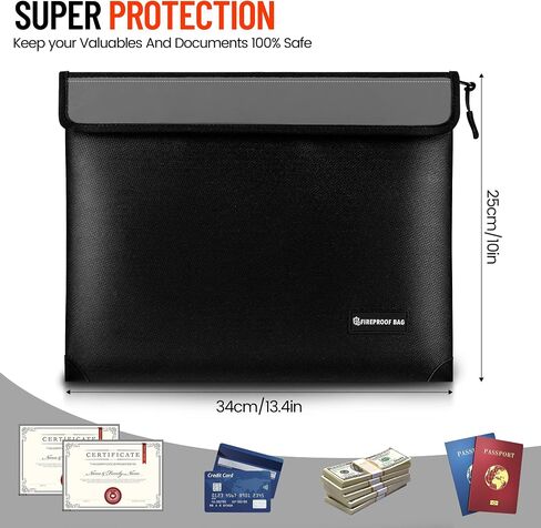 Fireproof Document Bag 5200°F Heat Insulated, Fire Proof Money Bag for Cash with Zipper and Reflective Strip, Fireproof Safe Pouch for Important Documents, Valuables（13.4" x 10"） in Saudi Arabia