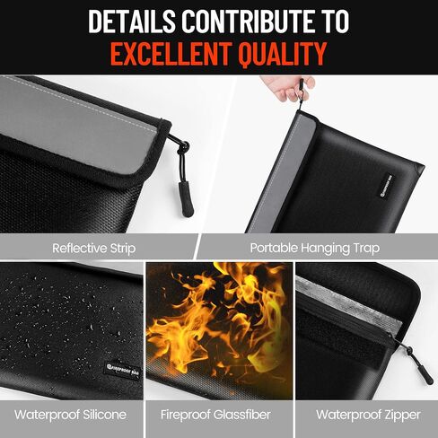 Fireproof Document Bag 5200°F Heat Insulated, Fire Proof Money Bag for Cash with Zipper and Reflective Strip, Fireproof Safe Pouch for Important Documents, Valuables（13.4" x 10"） in Saudi Arabia