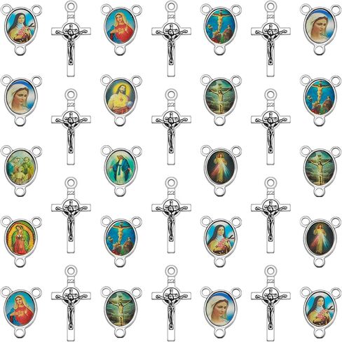 60Pcs/30Sets Rosary Making Kits Supplies Alloy Religion Cross and Center Medal Charms Pendant Oval Chandelier Links for Diy Prayer Necklace Jewelry in Saudi Arabia