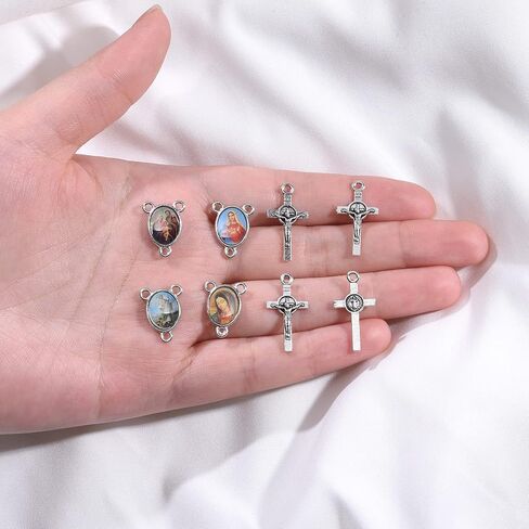 60Pcs/30Sets Rosary Making Kits Supplies Alloy Religion Cross and Center Medal Charms Pendant Oval Chandelier Links for Diy Prayer Necklace Jewelry in Saudi Arabia