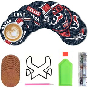 Bartogro 8 Pcs Diamond Painting Coasters Kit, DIY Football Diamond Art Coasters with Holder for Houston Adults Diamond Art Crafts Supplies