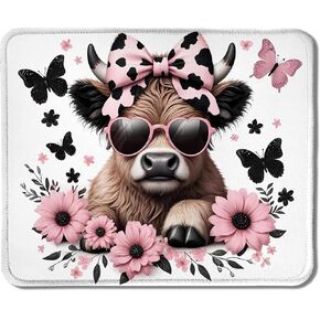 Highland Cow Mouse Pad, Coquette Pink Bow Floral Cow Mouse Pads for Wireless Mouse Computers Laptop Desk Accessories, Highland Cow Gifts, Cow Gifts for Cow Lovers, 9.5x7.9 Inch