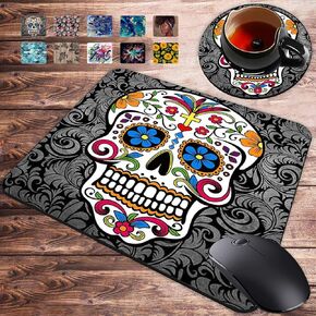 Gaming Mouse Pad and Coasters Set, Sugar Skull Mousepad, Non-Slip Rubber Rectangle Mouse Pad, Customized Mouse Mat for Working and Gaming