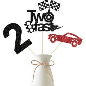 Two Fast Centerpieces Sticks, Vintage Race Car Birthday Decorations, Let's Go Racing 2nd Birthday Party Decors, Checkered Theme Milestone Baby Shower Party Supplies 12 Pieces Red Black