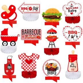 12 Pcs BBQ Baby Shower Centerpieces BBQ Tables Decorations Barbecue Honeycomb Centerpieces BBQ Theme Table Topper for BBQ Picnic Party Summer Party Outdoor Gender Reveal Birthday Supplies