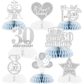 8Pcs Pearl Wedding Anniversary Table Decorations, Honeycomb Centerpieces Table Toppers Cheers to 30th Wedding Anniversary Honeycomb Table Topper for Anniversary Decorations Romantic