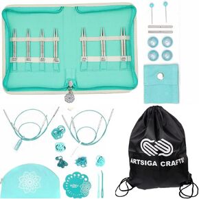 Knitpro Mindful Grace Set 4 Inch Circular Knitting Needles Size 2.5, 3, 4, 5, 6, 7, 8 Interchangeable, 4 Cables, 4 Caps, 2 Keys, 2 Connectors, Fabric Case with Project Bag