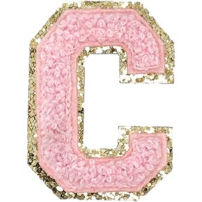 Gold Glitters & Pink Chenille Varsity Initial Patches, Adhesive Sticker Iron On, 2.25" Height (V)