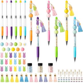 CNhoqc Easter Ballpoint Pens Bulk - 91pcs(Set of 6pcs) DIY Bunny Peeps Beadable Ballpoint Pen Perfume Bottle Plastic Kids' Multi-Item Party Favor Packs Wood Bead Pendant Crystal Quicksand Resealable