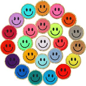 24 Pcs Smile Face Patch Iron on Patches 2 Inch Chenille Cute Preppy Happy Face Patches Glitter Heat Sequins Applique for Backpacks Hats Clothes Jackets Decorative DIY Craft