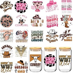 UV DTF Cup Wraps, 20 Sheets Western Country UV DTF Cup Wraps for 16 oz Glass, Cowboy Cowgirl Uvdtf Transfer Stickers for Mug Coffee Cups, Laptop, Mobile Phone Case, Skateboard DIY Crafts