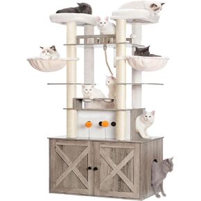 Heybly Cat Tree for Maine Coon with Litter Box Enclosure, 72-inch Wooden Cat Tower for Indoor Cats Large Adult, Big Condo with Food Station, Baskets, Furniture with All-sisal Scratching Post HCT112SG
