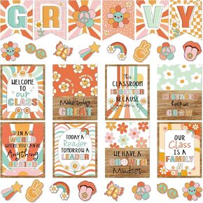 Outus 30 Pcs Groovy Welcome Bulletin Board Set Groovy Boho Classroom Posters Educational Motivational Posters Retro Hippie Paper Cutouts for Back to School Class Home Wall Decor