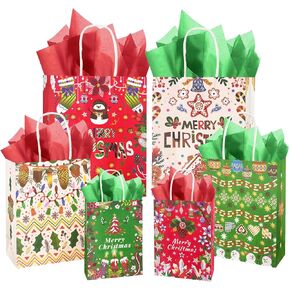 qiqee Christmas Paper Gift Bags with Tissue Paper Handles Assorted Sizes 30PCS Merry Christmas Bags(10pcs Large 12", 10pcs Medium 11", 10pcs Small 8"，60pcs Tissue Paper)