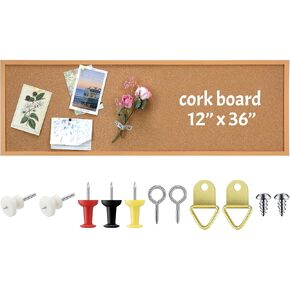 12'' x 36'' Cork Bulletin Board Framed Large Wall Mounted Corkboard with Installation Kit, Push Pins for Home and Office Decor, School Message or Vision Background(Brown)